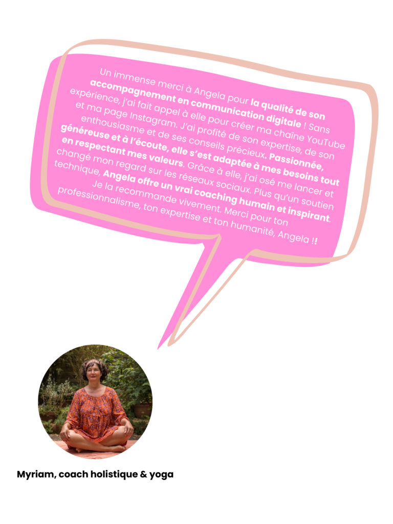 Un immense merci à Angela pour la qualité exceptionnelle de son accompagnement en communication digitale ! N’ayant aucune expérience dans ce domaine, j’ai fait appel à elle pour créer ma chaîne Yo